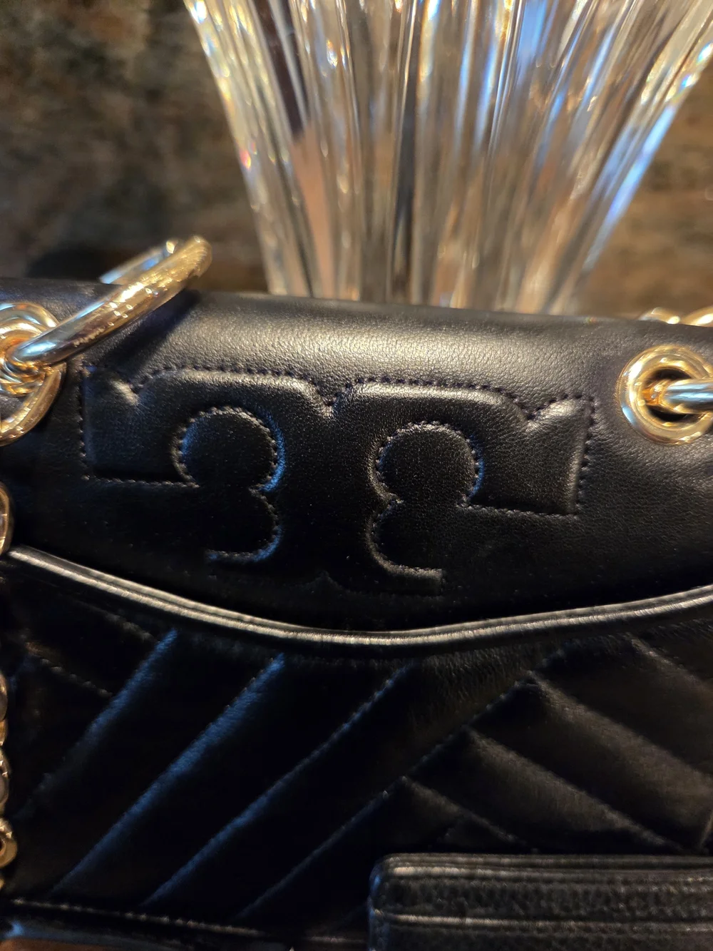 Tory Burch Black Quilted Leather Chain Shoulder Bag with Card Holder